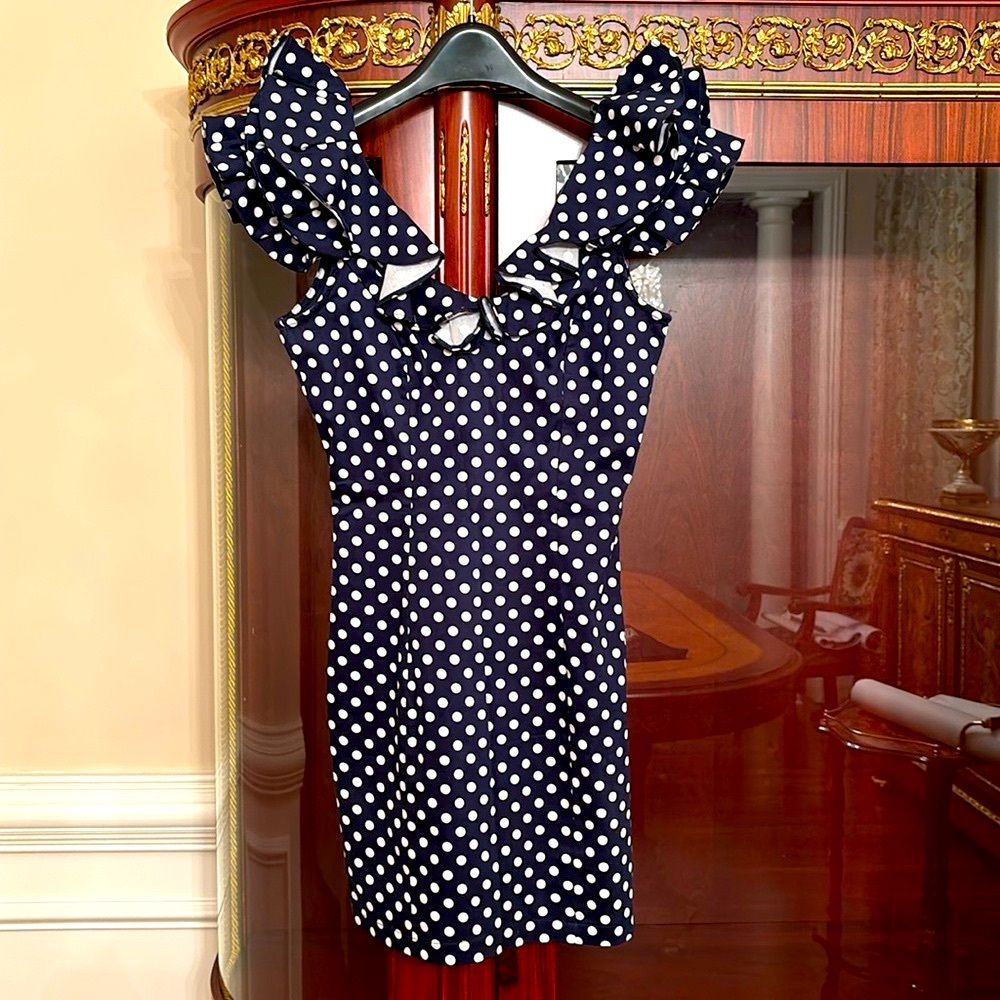 INA Cotton Blend blue white Polka dot ruffled sleeve mini dress sz.S